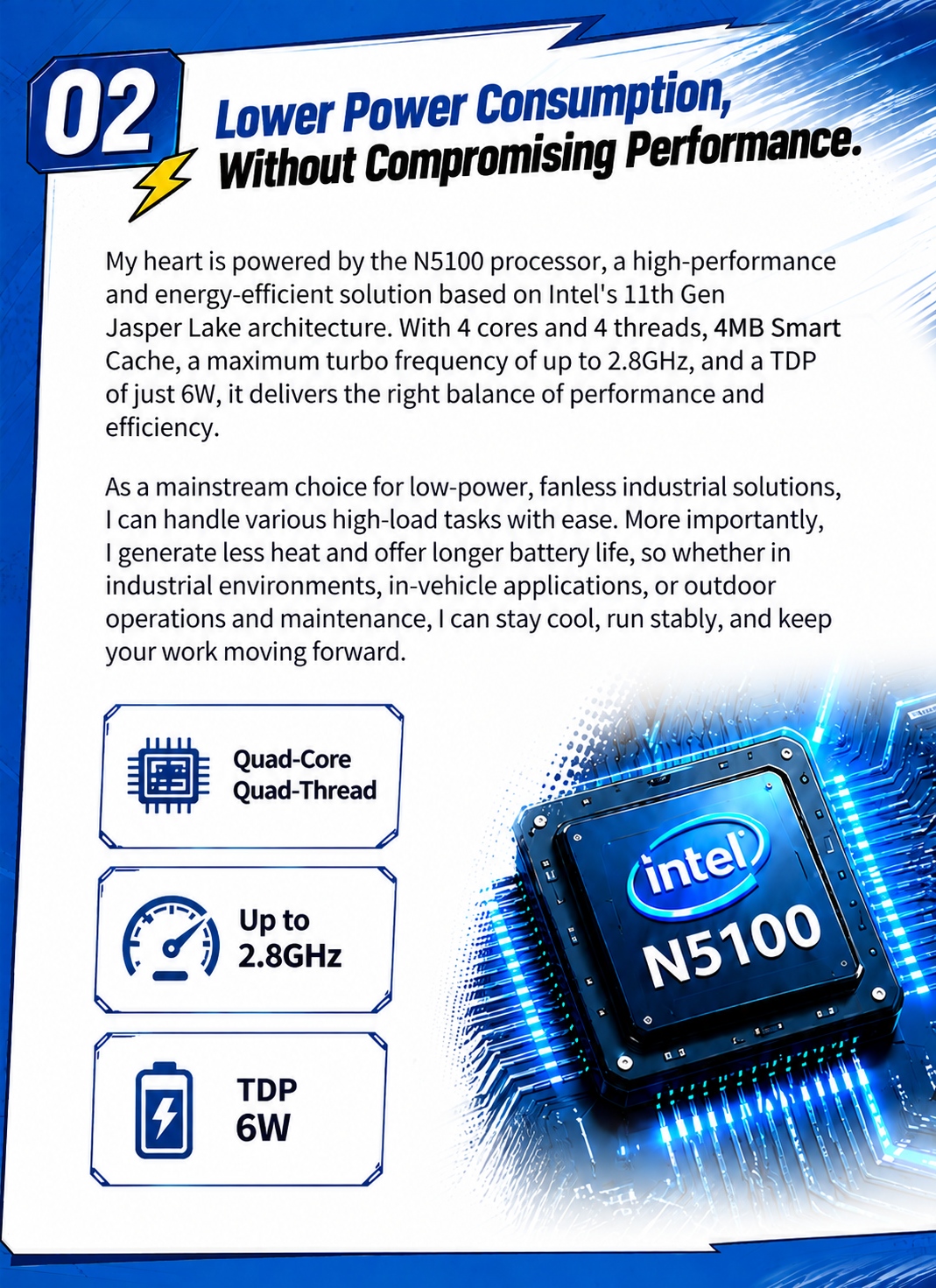 Intel N5100 low-power processO with 4 cOes 4 threads up to 2,8 GHz and 6W TDP