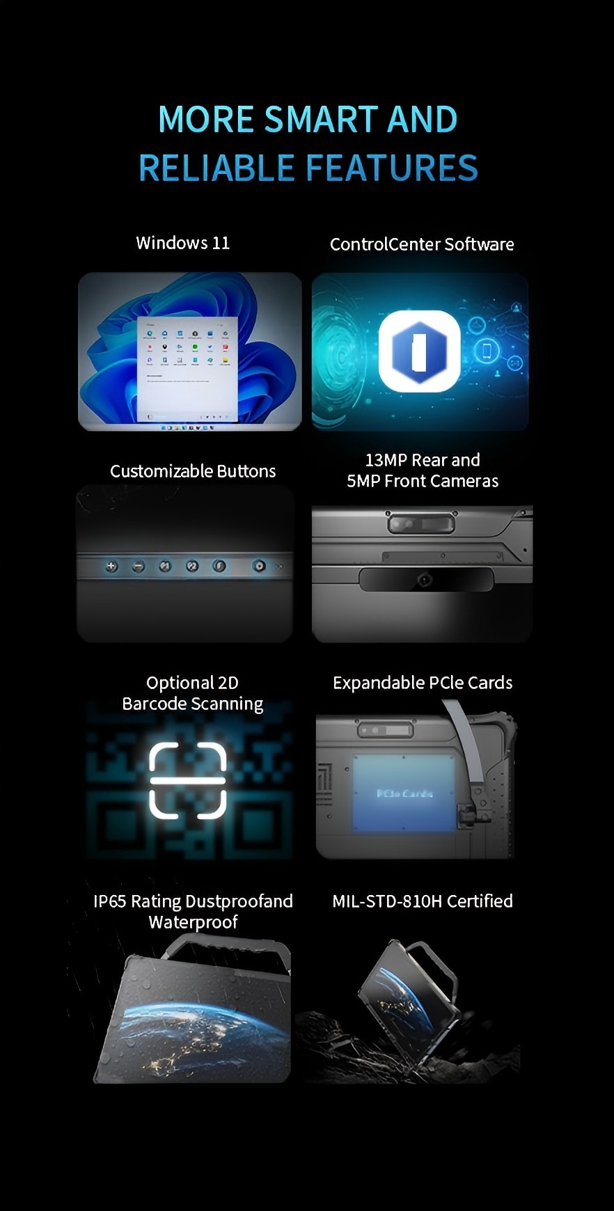 A feature summary of the rugged tablet, showcasing its Windows OS, customizable buttons, optional barcode scanner, and its IP65 and MIL-STD-810H rugged certifications.