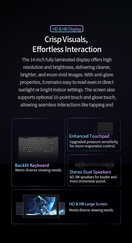 Feature highlights for a 14-inch laptop, showing its sunlight-readable HD display, backlit keyboard, and enhanced touchpad for effortless interaction.