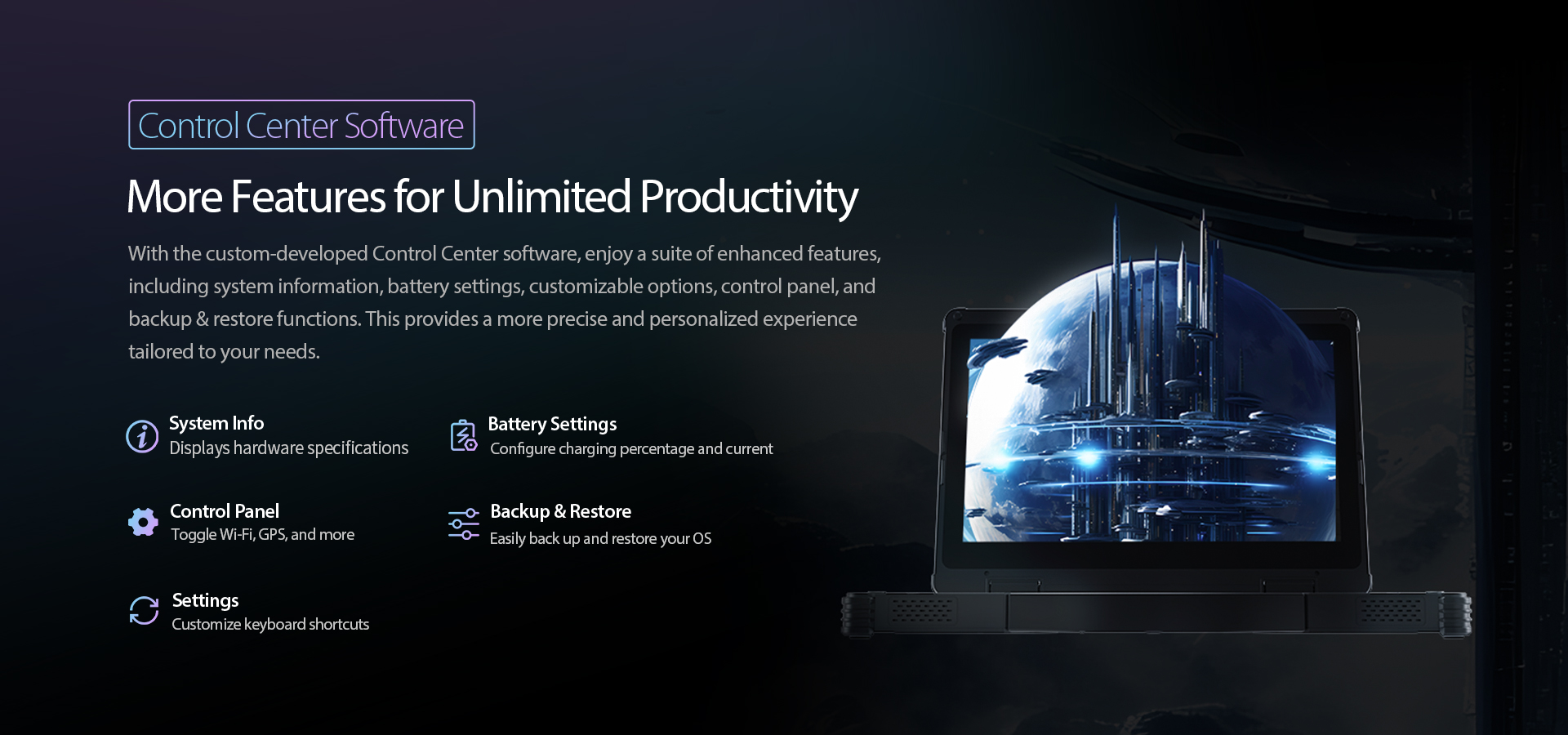A graphic showcasing the Control Center software used to manage system info, battery settings, wireless controls, and backup functions on the laptop.