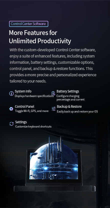 A graphic showcasing the Control Center software used to manage system info, battery settings, wireless controls, and backup functions on the laptop.
