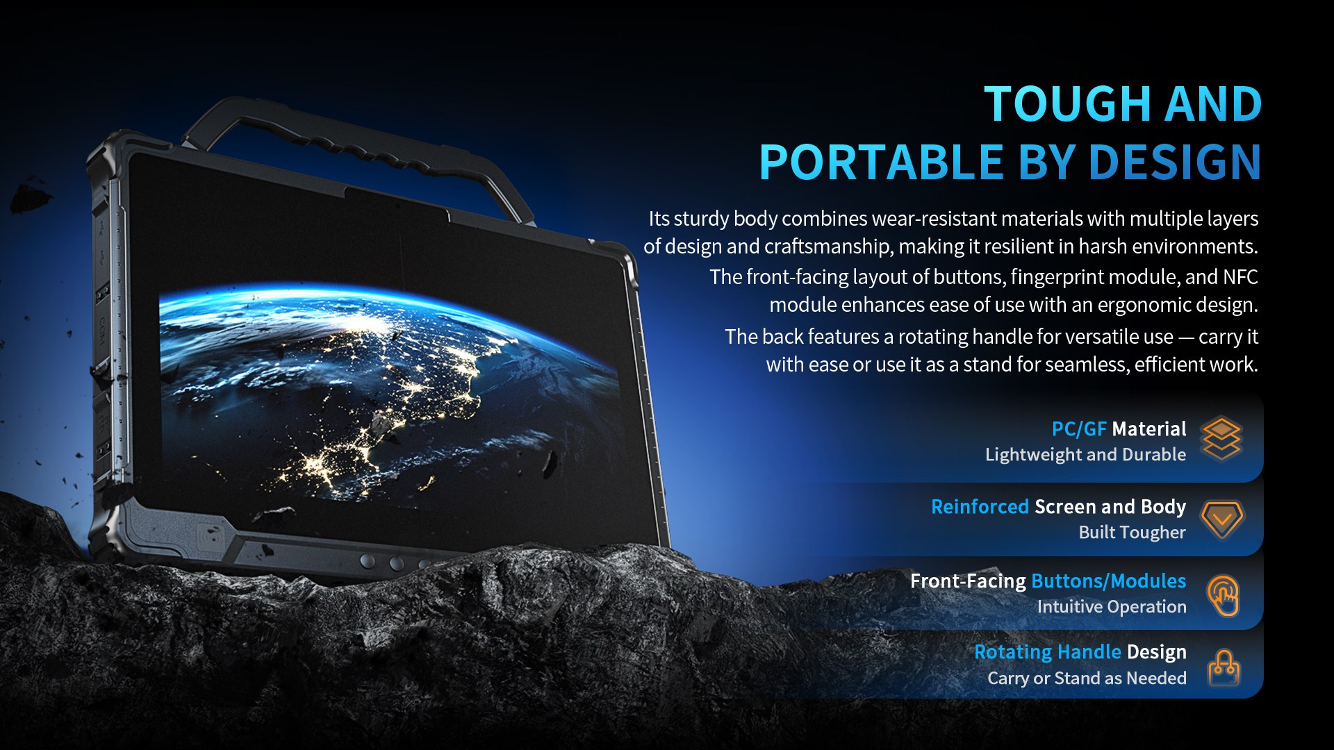 An overview of the tablet's tough and portable design, highlighting its reinforced PC/GF body and a multi-functional rotating handle for carrying or use as a stand.