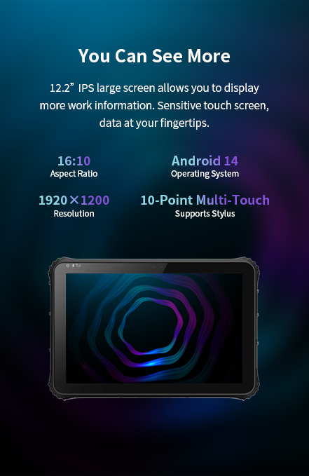 A graphic detailing the features of an Android 14 rugged tablet, including its 12.2-inch, 1920x1200 multi-touch display with stylus support.