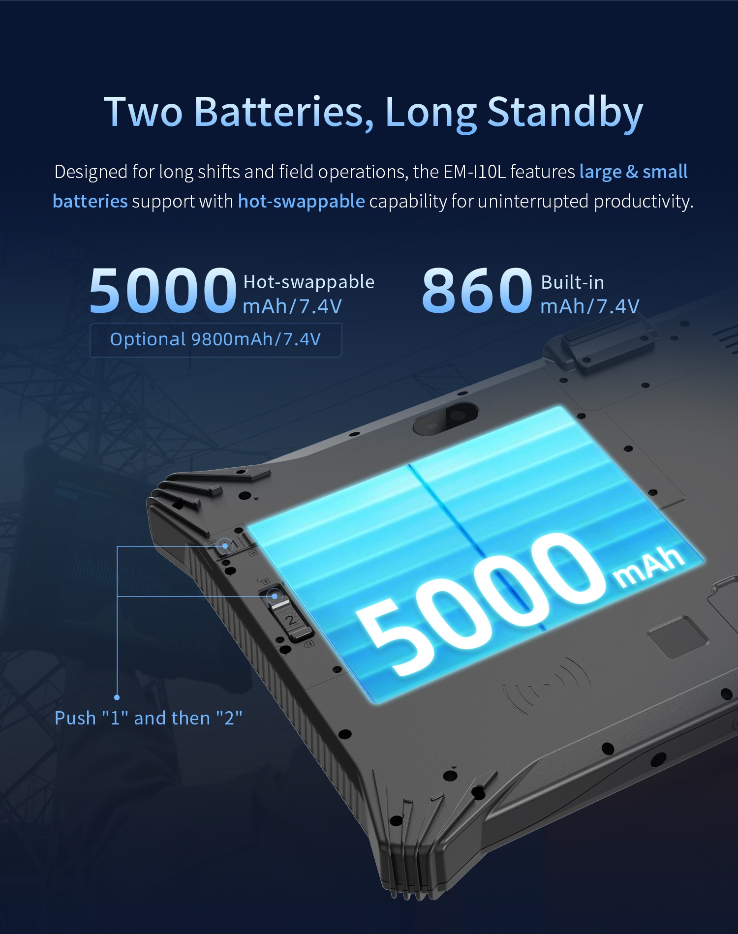 EM-I10L rugged Windows tablet with hot swappable dual battery for long field operations
