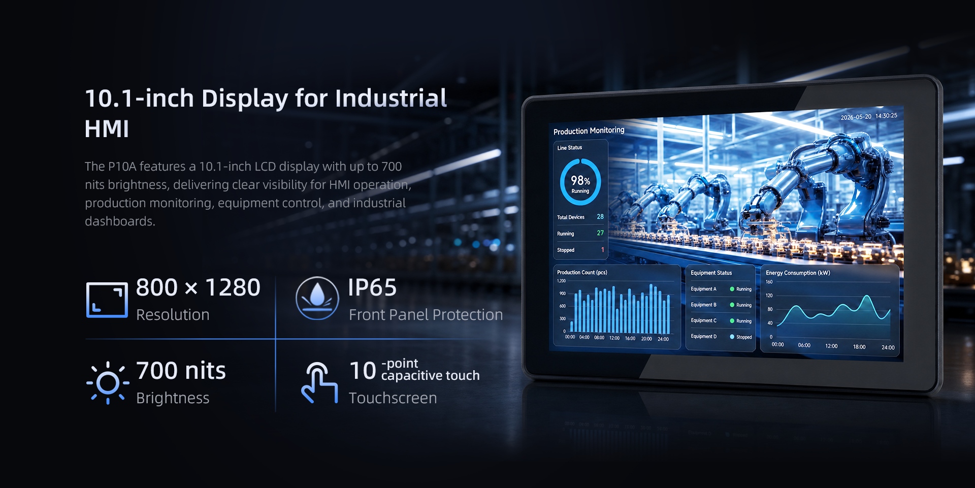 P10A 10.1-inch industrial panel PC with 800 x 1280 display, 700 nits brightness, 10-point capacitive touchscreen and IP65 front panel