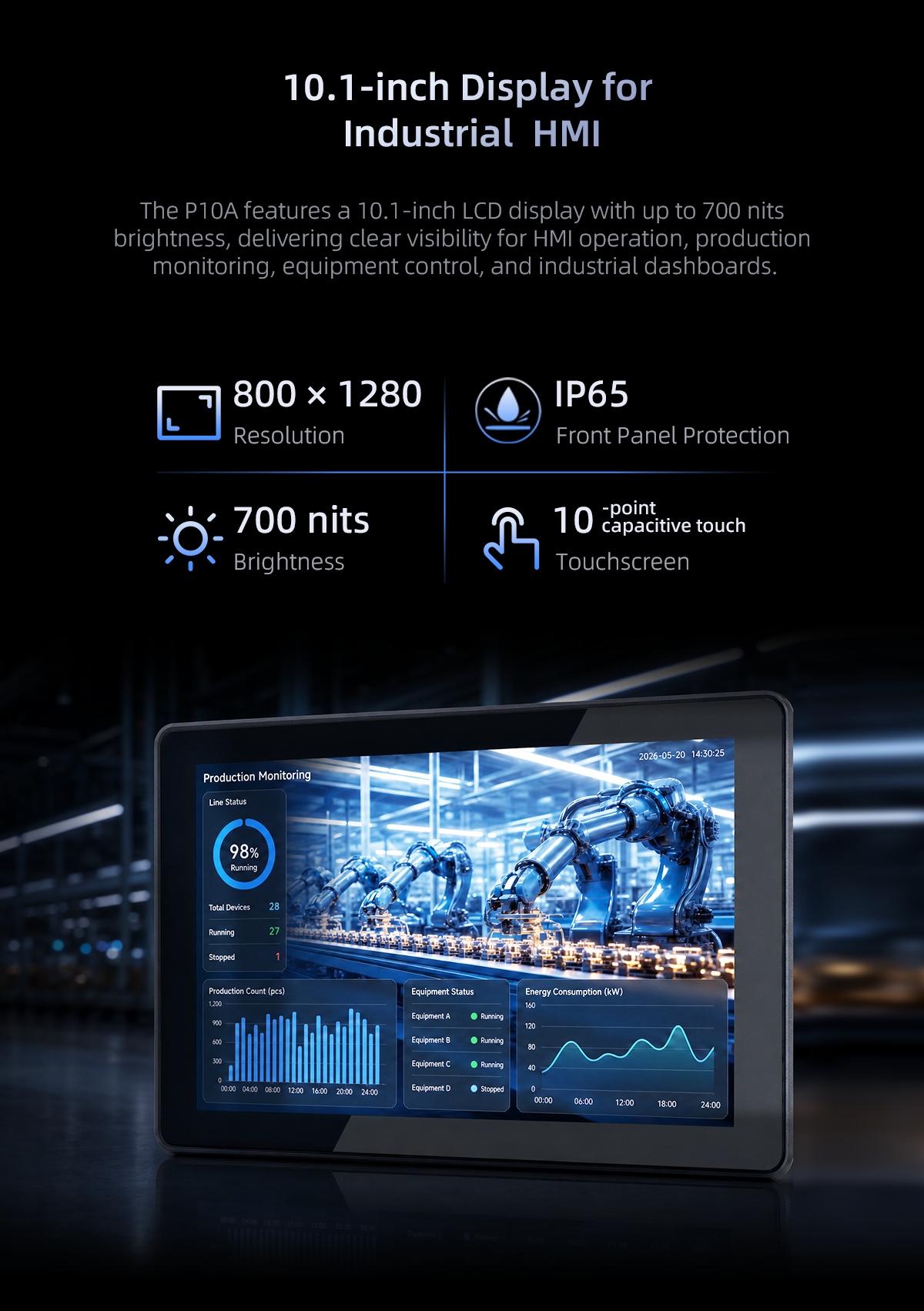 P10A industrial panel PC with 10.1-inch touchscreen, 700 nits brightness and IP65 front panel protection