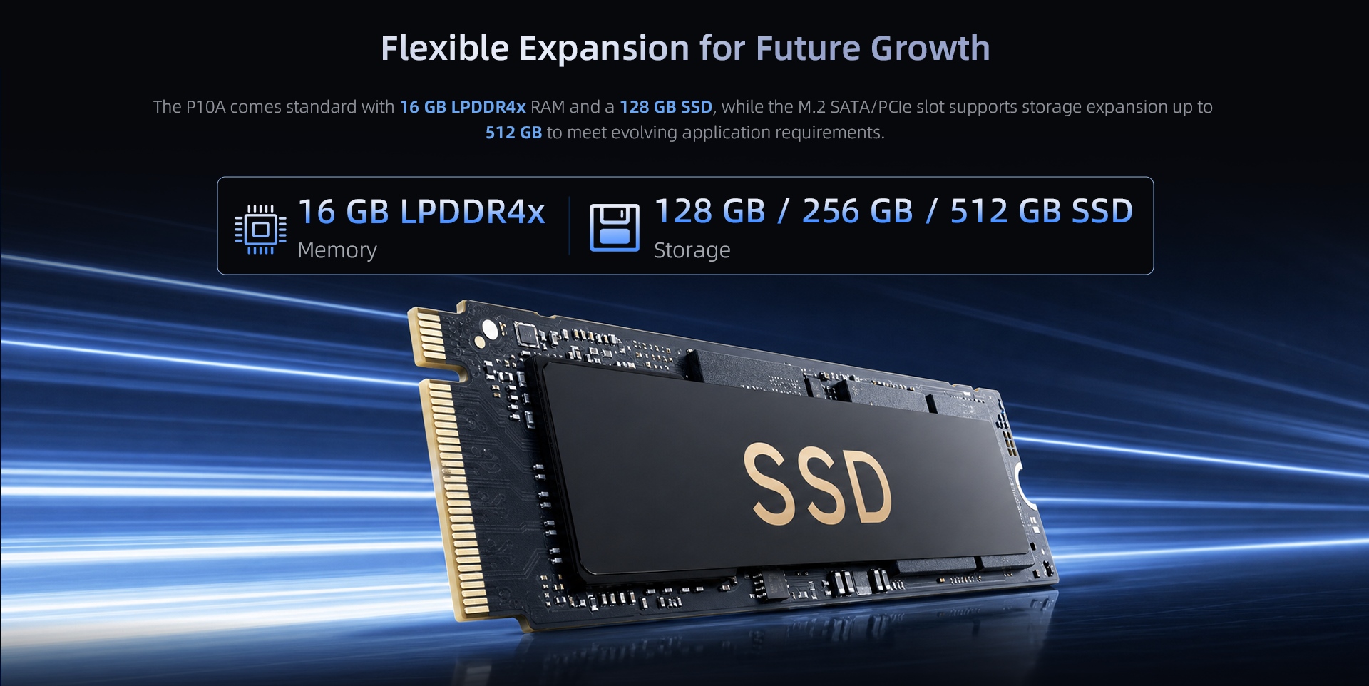 P10A industrial panel PC with 16GB LPDDR4x memory, 128GB SATA SSD and optional 256GB or 512GB PCIe SSD