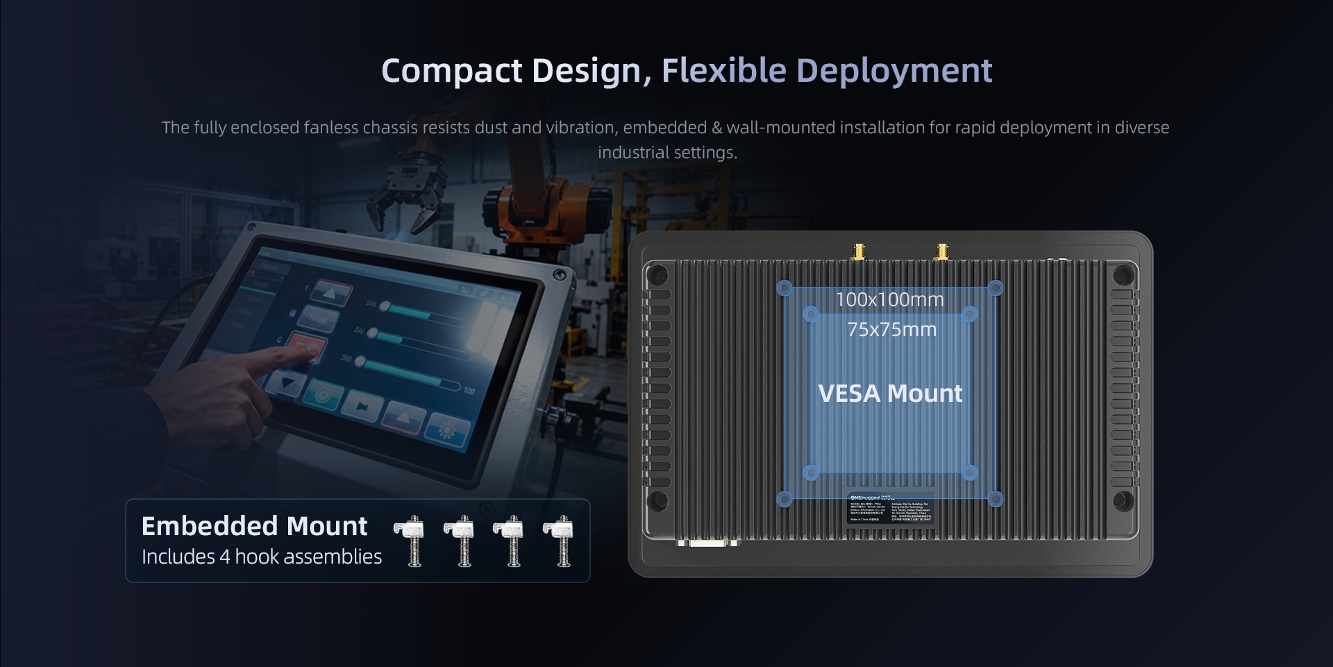 P10A industrial panel PC with embedded mount and 75 x 75 mm and 100 x 100 mm VESA mounting support