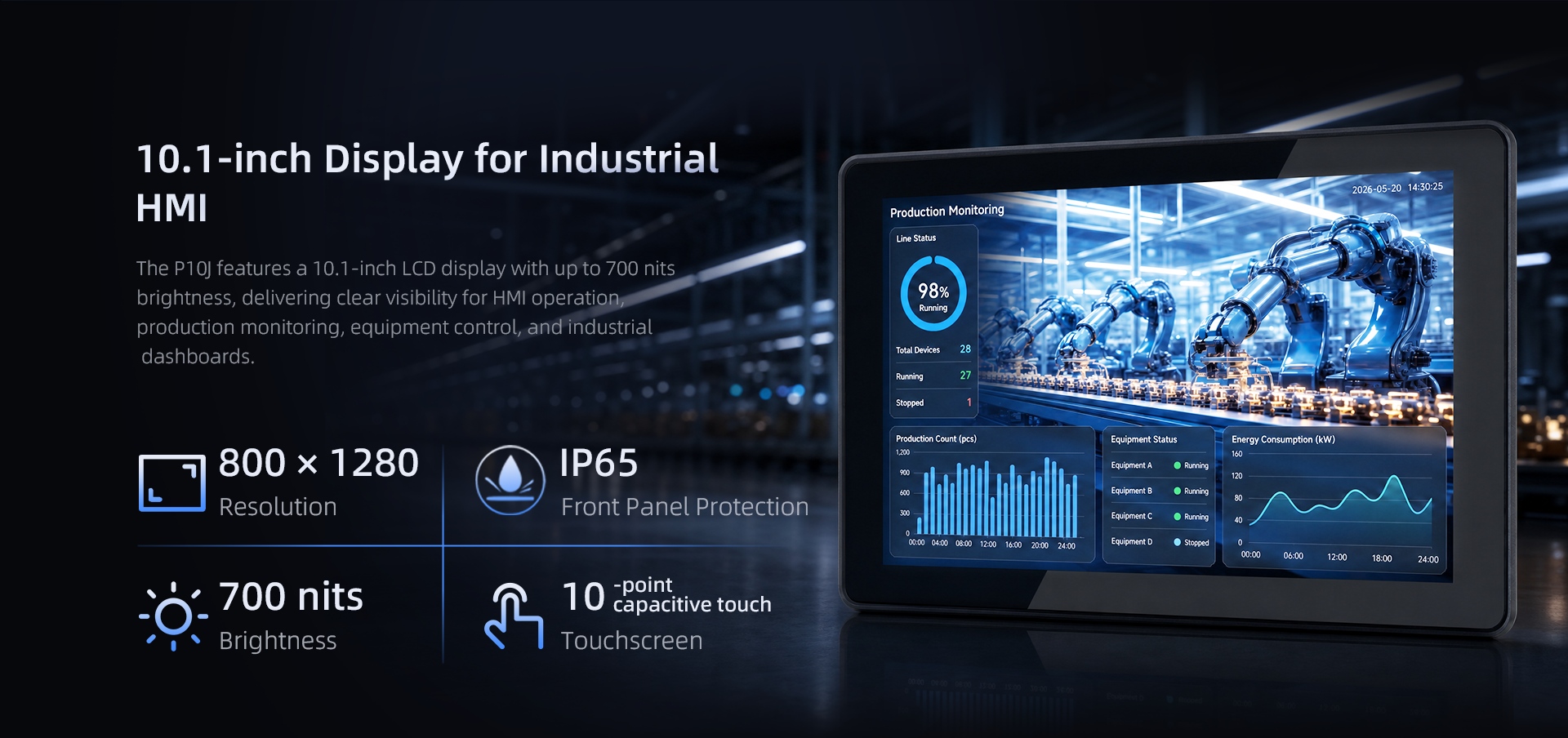 P10J 10.1-inch industrial panel PC with 800 x 1280 display, 700 nits brightness, 10-point capacitive touchscreen and IP65 front panel